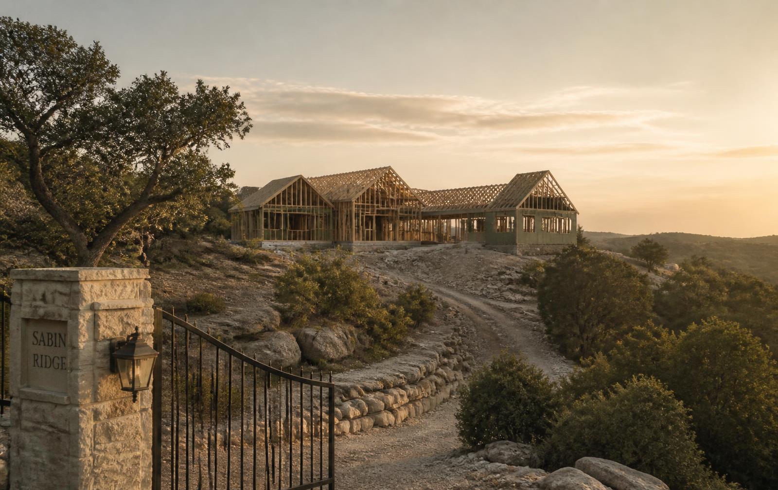 Home under construction on a Central Texas property at dusk